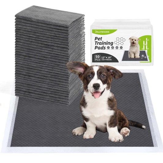 Jollywoods Disposable Dog Pee Pads 13" x 18" Odor-Control Bamboo Charcoal Fiber Puppy Pads Super Absorbent Dog Pads Leak Proof Pet Training Pads Quick Dry Pads for Dogs Cats Rabbits 50 Counts